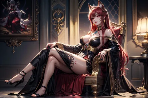 In the dark castle throne room on the huge royal throne in seductive pose siting beatiful demon queen, She have beautiful face w...