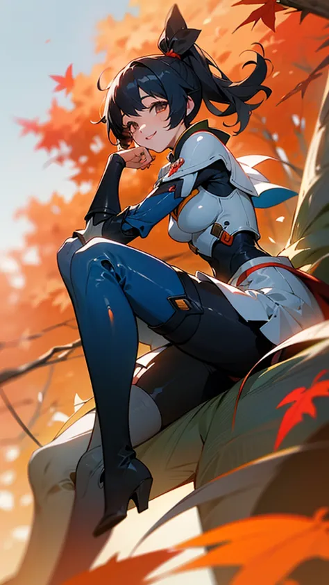 One girl、alone、Anime-style paintings、Dark blue-black hair, Side Ponytail, smile, Laugh together、armor、Bodysuits、boots、Fits perfe...