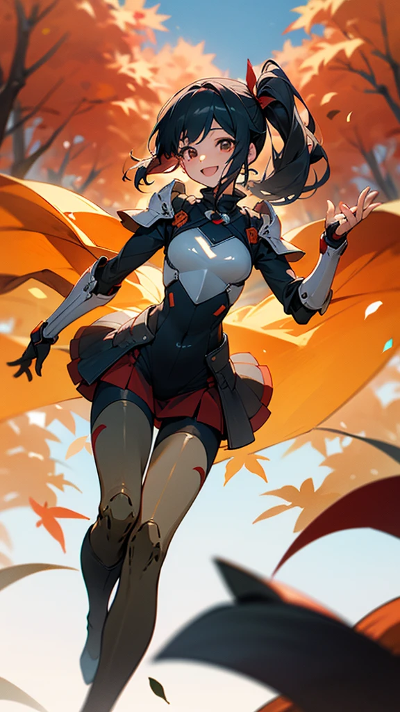 One girl、alone、Anime-style paintings、Dark blue-black hair, Side Ponytail, smile, Laugh together、armor、Bodysuits、boots、Fits perfectly to the skin、skirt、thigh boots、Knee socks、Perfect lighting、Autumnal leaves々、Momiji Park、Background Blur, Written boundary depth