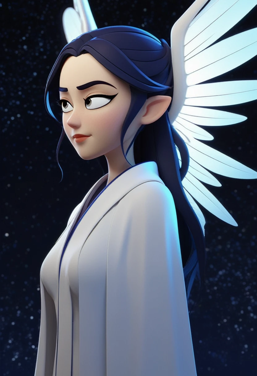 seen in profile, white robes, luminescent wings, dark indigo night sky background, in the style of comics, 8K octane render, award winning image, detailed facial features, intricate wing details, dramatic lighting, vibrant colors, dynamic composition, cinematic perspective