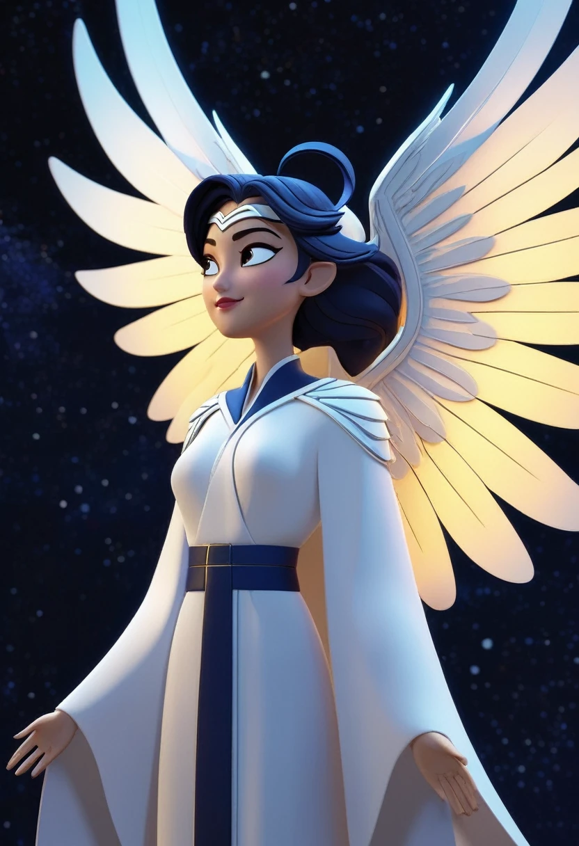 seen in profile, white robes, luminescent wings, dark indigo night sky background, in the style of comics, 8K octane render, award winning image, detailed facial features, intricate wing details, dramatic lighting, vibrant colors, dynamic composition, cinematic perspective