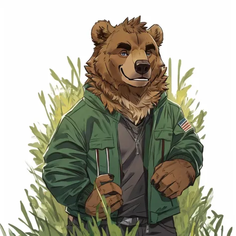 a caramel-brown colored fur anthropomorphic, muscular grizzly bear in a red jacket, closed smile, standing in the grass, high qu...