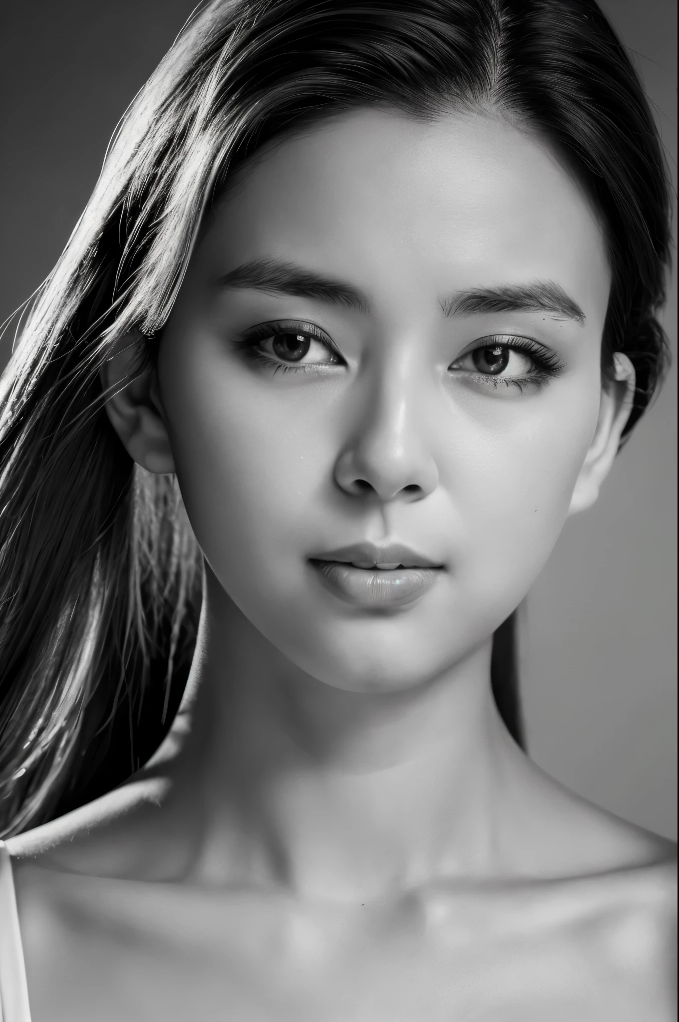 masterpiece, Best Quality, Photorealsitic, Ultra-detailed, finely detail, high resolution, 8k wallpaper, Professional, high level of detail, ((Monochrome photography)), 1girl in, ((Facing the front)), ((Vermilion lips)), Detailed clavicle, face perfect, straight haired