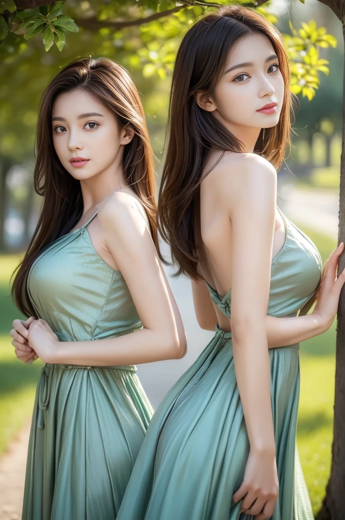 best quality, masterpiece, Ultra-fine high resolution, (Practical: 1.4),outdoor, (2 girls: 1.2), (portrait,Upper Body:1.2) ,(2 girls,Back to Back,Stand under a big tree: 1.4)，Thin body，Small chest, (best quality:1.4), 32k resolution, (Practical:1.5), (超Practical:1.5), High resolution 32k UHD, (masterpiece:1.2)), (quality improvement:1.4), (Very nice facial details), (best quality realistic skin texture:1.4),Dresses of different colors