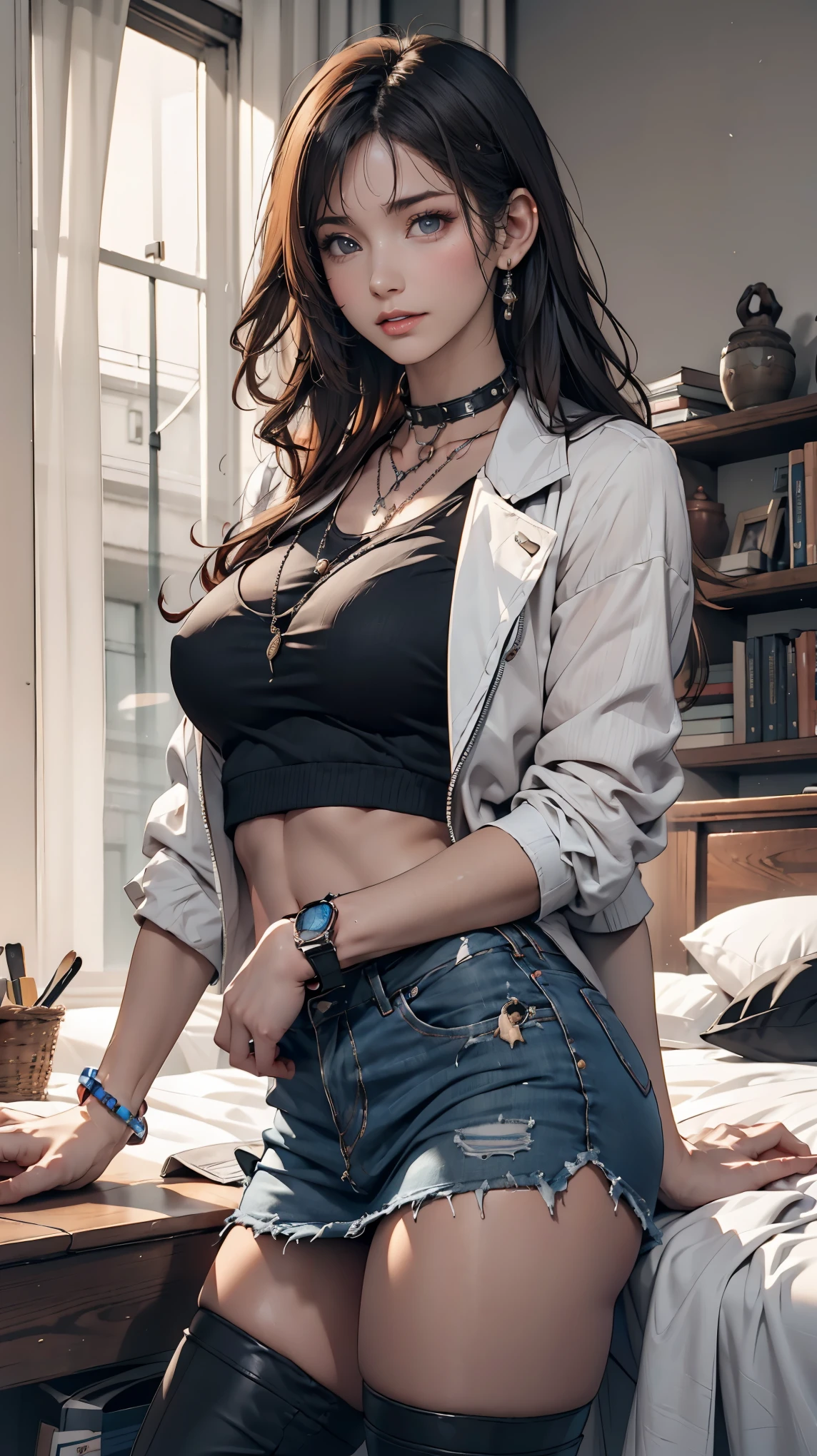 Mouth, A girl, Solitary, In a messy room, Guitar, 、Spiked collar、24 years old white female、Sexy proportions、Punk rock fashion、Black shirt、leather jacket、Leather shin guards、Gorgeous makeup、Long hair、Rosary Necklace、Rosary Earrings、Wear the spiked bracelet on your wrist