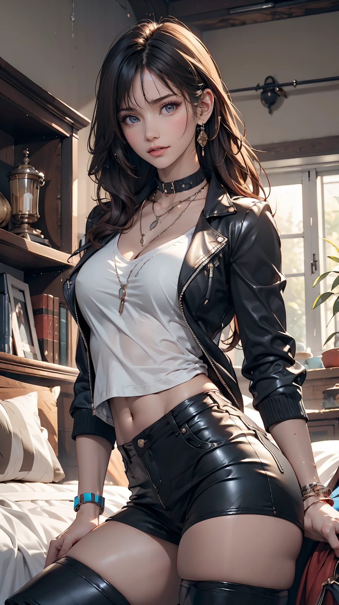 Mouth, A girl, Solitary, In a messy room, Guitar, 、Spiked collar、24 years old white female、Sexy proportions、Punk rock fashion、Black shirt、leather jacket、Leather shin guards、Gorgeous makeup、Long hair、Rosary Necklace、Rosary Earrings、Wear the spiked bracelet on your wrist