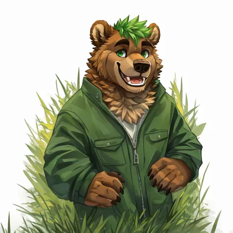 a caramel-brown colored fur anthropomorphic, muscular grizzly bear in a red jacket, green eyes, himbo body, green hair, happy, c...