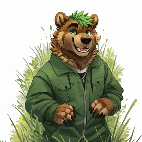 a caramel-brown colored fur anthropomorphic, muscular grizzly bear in a red jacket, green eyes, himbo body, green hair, happy, c...