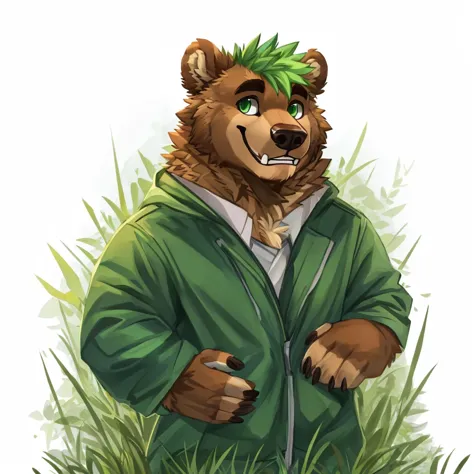 a caramel-brown colored fur anthropomorphic, muscular grizzly bear in a red jacket, green eyes, himbo body, green hair, happy, c...