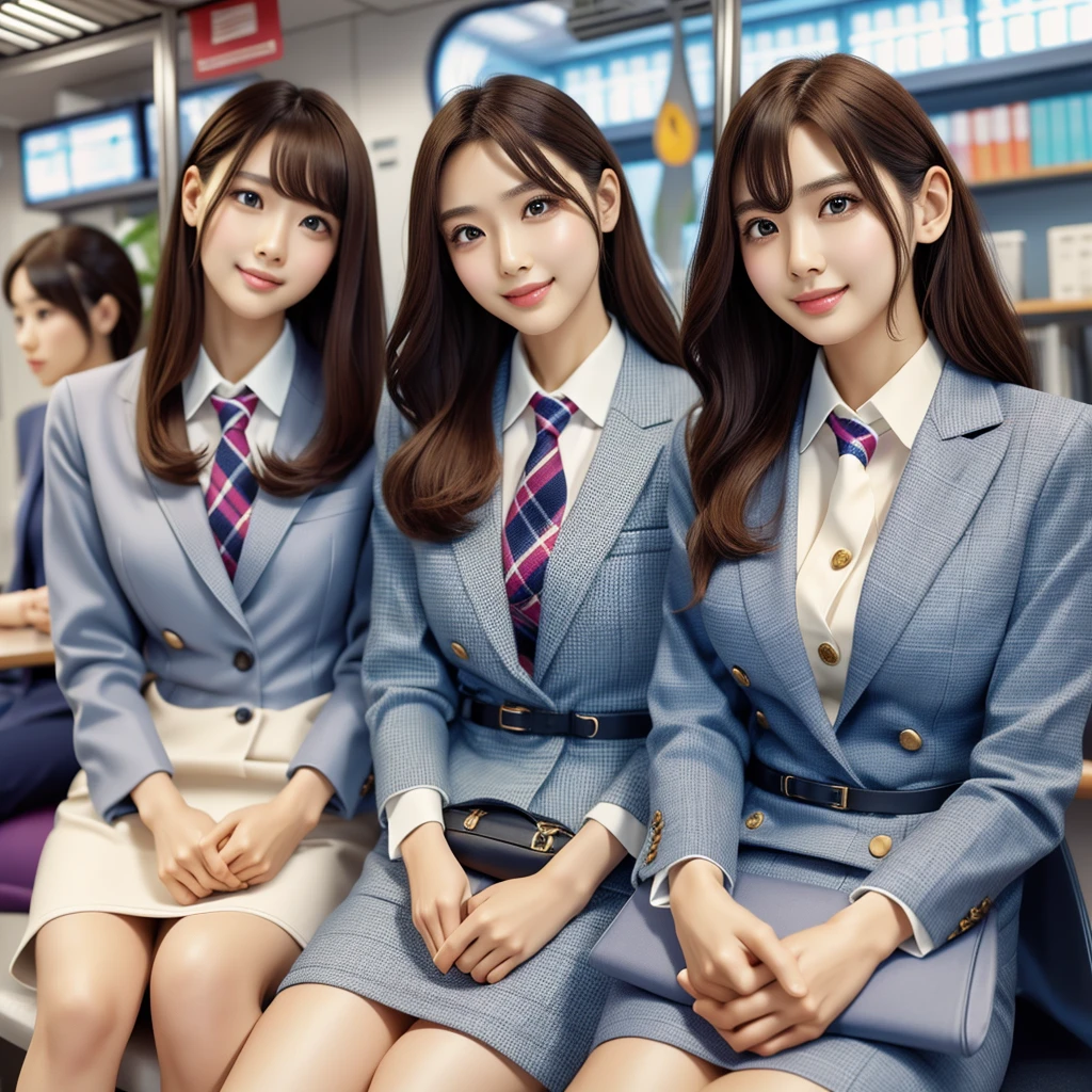 (best quality, masterpiece:1.5), (ultra-detailed, realistic:1.37),4K,(3woman:1.5),korean,cute,beautiful,(miniskirt),office suits,glasses