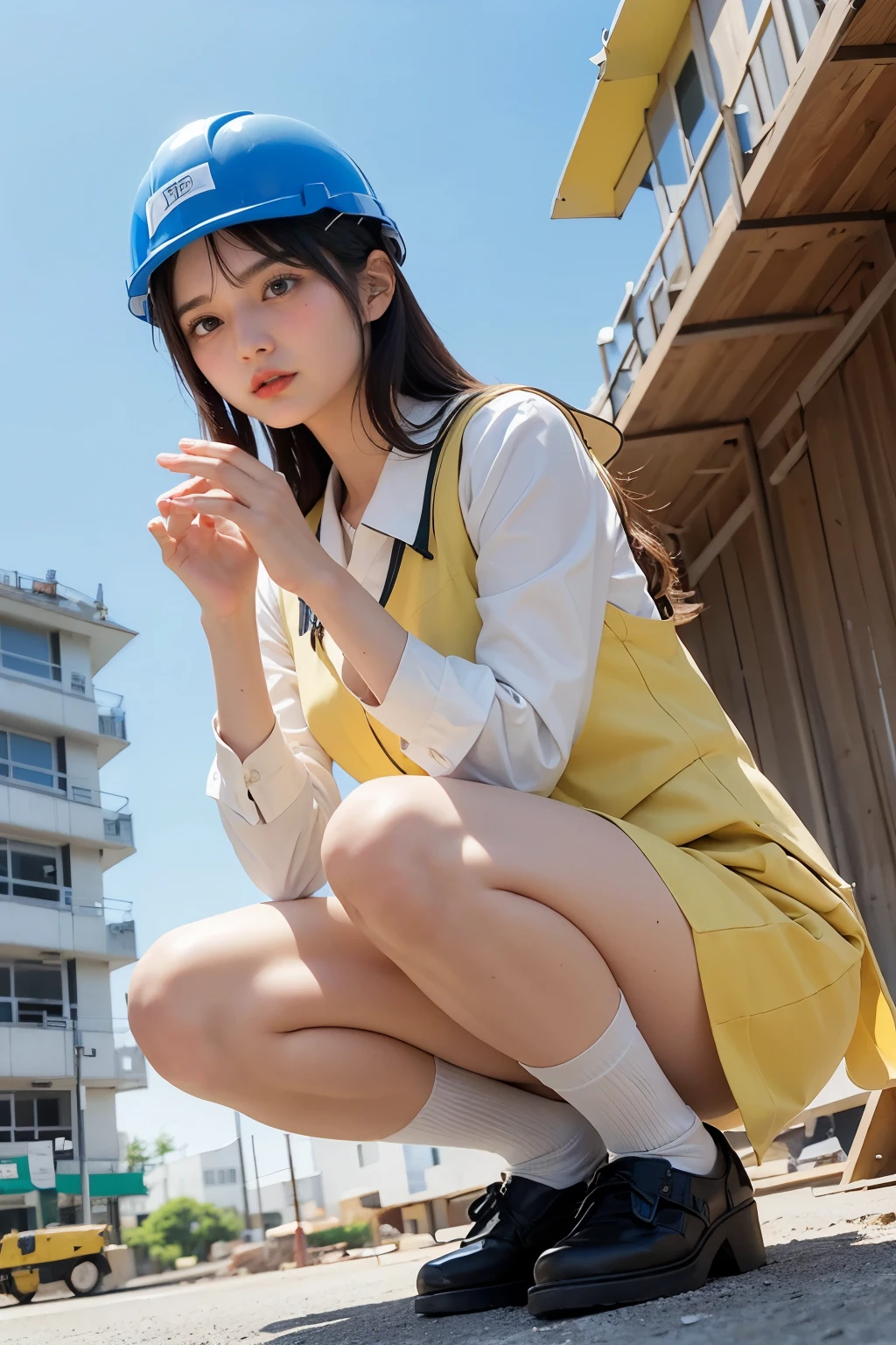 Masterpiece, bokeh, Beautiful (Japanese idle:1.6), (summer school uniform:1.3), (squatting in  RC Building construction site:1.3), (yellow helmet:1.3), (From below:1.3), 