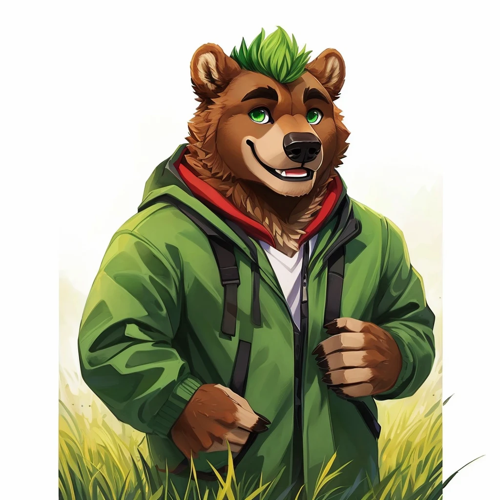 a caramel-brown colored fur anthropomorphic, muscular grizzly bear, dressed in a red jacket, green eyes, himbo body, green hair, happy, closed smile, standing in the grass, high quality furry art.