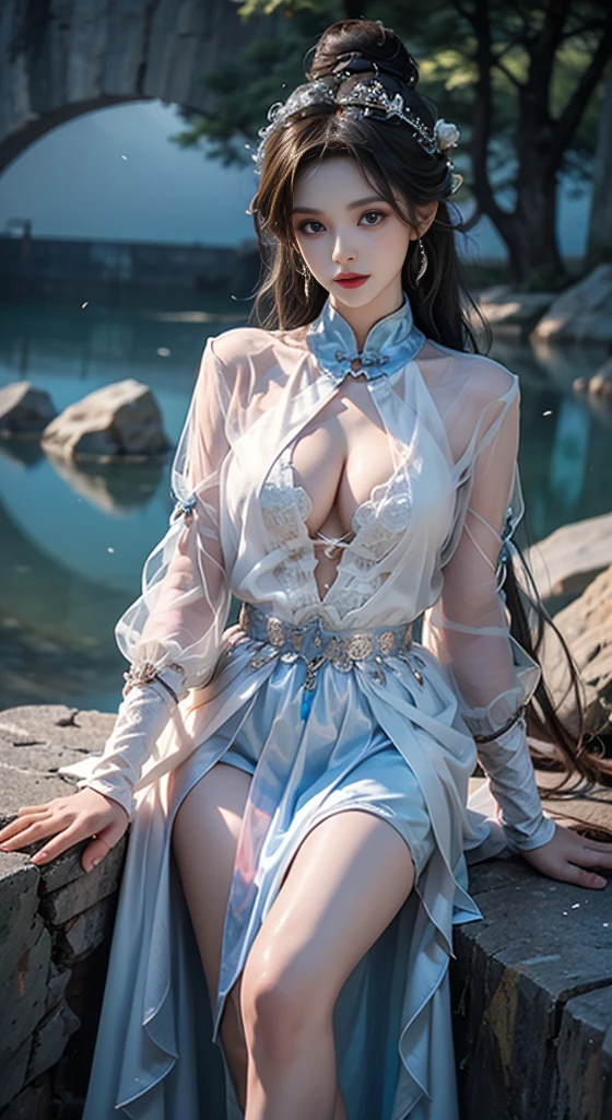 guqinghan,hell,chinese clothes,china dress, ((whole body)), ((Chest Window, Visible cleavage)), Practical, Fashion Girl, Red lips, Mature women, cosmetic, big eyes, beautiful eyes, ((whole body)), ((From below)), (best quality, masterpiece:1.2), Very detailed, (Practical:1.37), ((Sexy long legs)), beautiful, Young and energetic, Charming model, Large Breasts, Clive Arch, (Exquisite eyes, Delicate lips, extremely Exquisite eyes), Show a bright smile, Create stunning girl images, warm color, Very high color saturation, Official Art, Extremely detailed CG unified 8k wallpaper,(High Dynamic Range :1.4), (Movie),(Soft colors, Dull Color, Soothing tone :1.3), (Natural skin texture, ultra-Practical, Soft Light, sharp),(Very detailed), night, moonlight, ((In the mountains, plant, Leaning against the rocks))