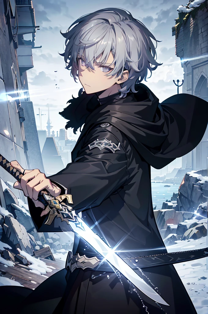 1.5, best quality, high quality, High definition, High quality texture, high detail, beautiful detailed, finely detailed, extremely detailed cg, detailed texture, 1man, boy, male, ((hero)), sword art online inspired, silver hair, mullet, shaggy hair, black cloak, black jacket, silver eyes, killer, glowing eyes