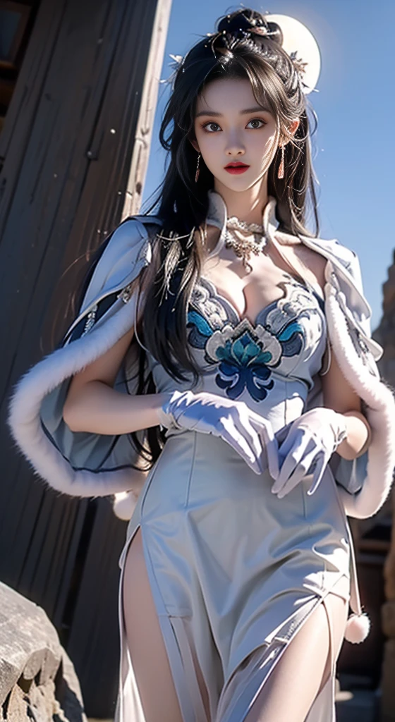 guqinghan,cangyugezhu,
chinese clothes, china theme, blue dress,white lace trimgloves, Fur trim, side slit, cape, shawl, ((whole body)), ((Chest Window, Visible cleavage)), Practical, Fashion Girl, Red lips, Cute woman, cosmetic, big eyes, beautiful eyes, ((whole body)), ((From below)), (best quality, masterpiece:1.2), Very detailed, (Practical:1.37), ((Sexy long legs)), beautiful, Young and energetic, Charming model, Large Breasts, Clive Arch, (Exquisite eyes, Delicate lips, extremely Exquisite eyes), Show a bright smile, Create stunning girl images, warm color, Very high color saturation, Official Art, Extremely detailed CG unified 8k wallpaper,(High Dynamic Range :1.4), (Movie),(Soft colors, Dull Color, Soothing tone :1.3), (Natural skin texture, ultra-Practical, Soft Light, sharp),(Very detailed), night, moonlight, ((In the mountains, plant, Leaning against the rocks))