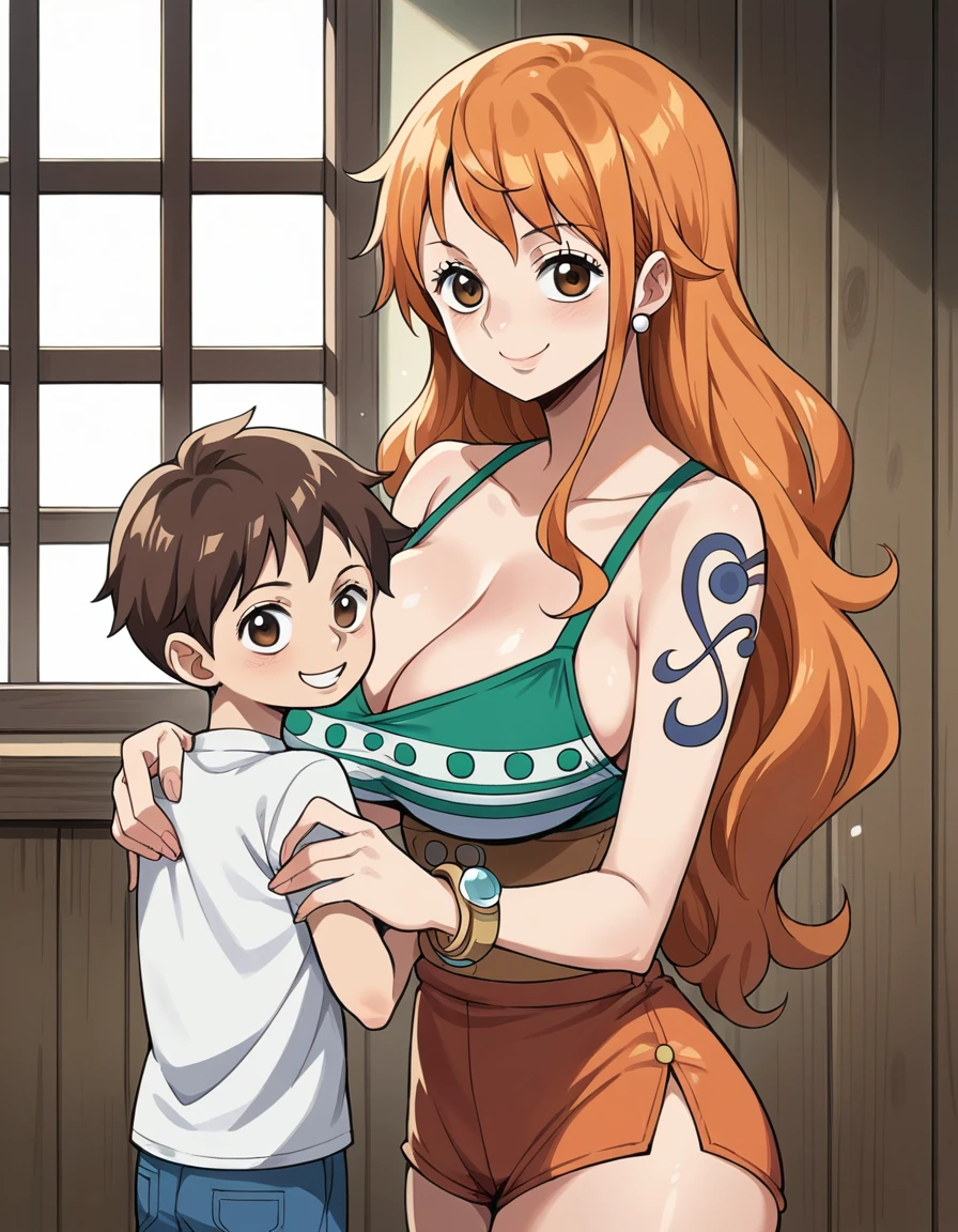 score_9, score_8_up, score_7_up, source_anime, best quality, clear face, 1girl, Nami, orange hair, orange hair, long hair, wood room, 1boy, Shota, side by side, looking at viewer, smile, standing, faceless male