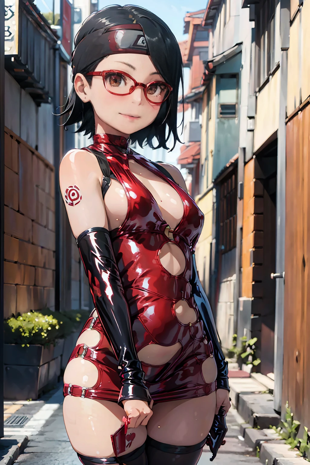 (solo:1.5),(masterpiece), (best quality:1.3), ultra detailed, intricate, professional art, digital art, absurdres, 1girl, wet pussy, no pants, sarada uchiha posing on the the sidewalk wearing red-bodycon-minidress, (latex bodycon minidress:1.5), smirk, black hair, short hair, headband, red glasses, showing armpits, showing pussy, cute face, sharingan eyes, sarada_uchiha,, thick thighs, flat chest, bubble butt, side view, wide hips, arm gloves, stockings,