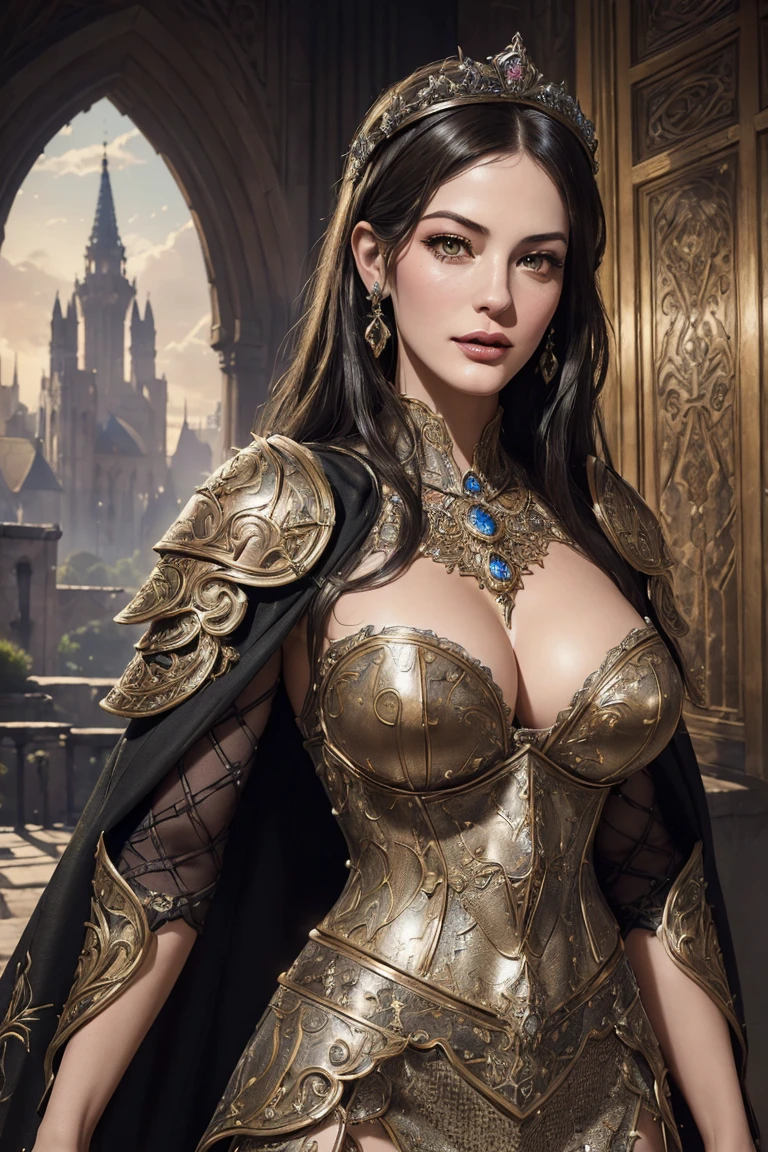 (masterpiece, digital art:1.3), ((highest quality)),(ultra high resolution),(Super detailed),(detailed description),((best CG)),(best work of art),super precision art,amazing drawing art,(Fantasy art with precise details:1.5), (Liv Tyler:1.1)(Full body armor with attention to detail:1.5,Delicate and detailed relief:1.3,Shining jewels embedded in various places:1.3),A cloak with detailed embroidery.:1.5,(beautiful and well-shaped face:1.5),(natural makeup:1.5), Medieval style cityscape:1.6