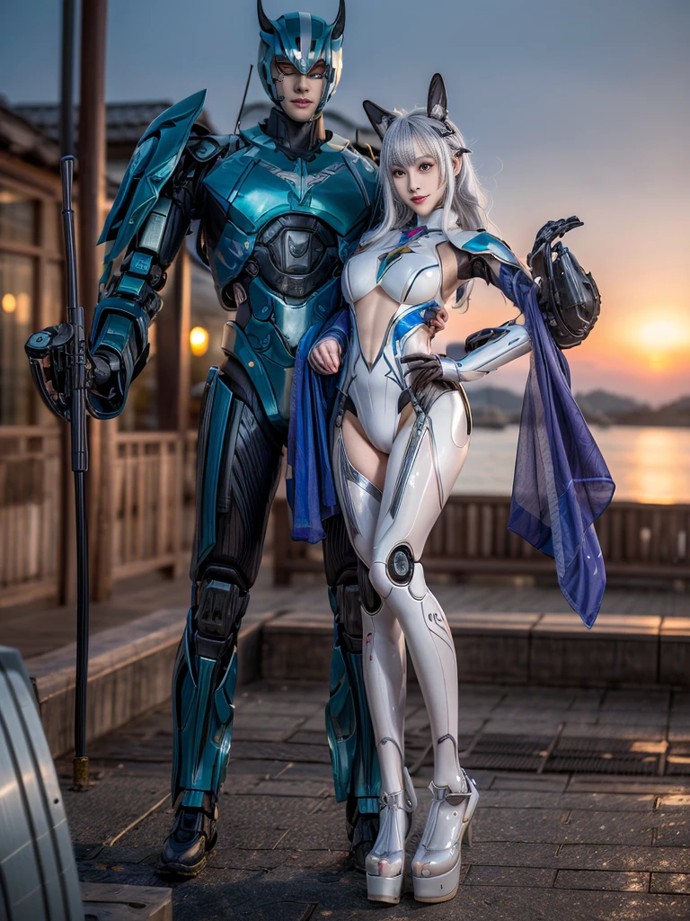 Super Detail, High Detail, high quality, best quality, High resolution，1 female robot，Beautiful female robot,beautiful clear face(Rain waves_haneame：1.5)， Realistic, High resolution, Soft Light,Hips up, (Detailed face), silver hair, long hair, Mecha Maiden, Colorful mechanical parts, mechanical joint, Thick mechanical armor,Weaponry, All metal body, Technology Antenna Hair Accessories