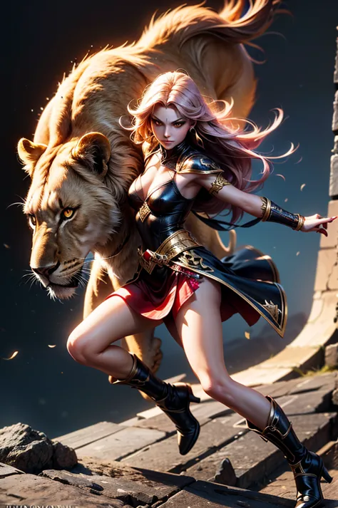 there is lost coliseum there in battle stance stand female lioness , she have ebony colour skin beautiful yellow eyes dark gold ...