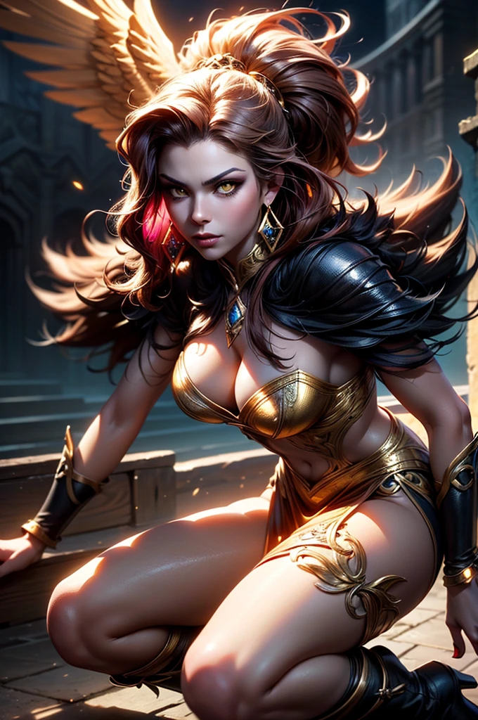 There is lost coliseum there in battle stance stand female lioness , she have ebony colour skin beautiful yellow eyes dark gold eyeshadows make up, ring style earrings, her hair is purple with pink highlights . she dressed in white neather topic with golden parts on countures also short and white leather straps on her legs instead of boots, her hands have hude ruby claws on her fingers, (ultra high quality fantasy art, dark fantasy style, masterpiece, ultra high quality character design, 8k quality anime art, realistic anime art, top quality wallpaper illustration, detailed ultra high quality accurate face, high quality design and accurate physic)
