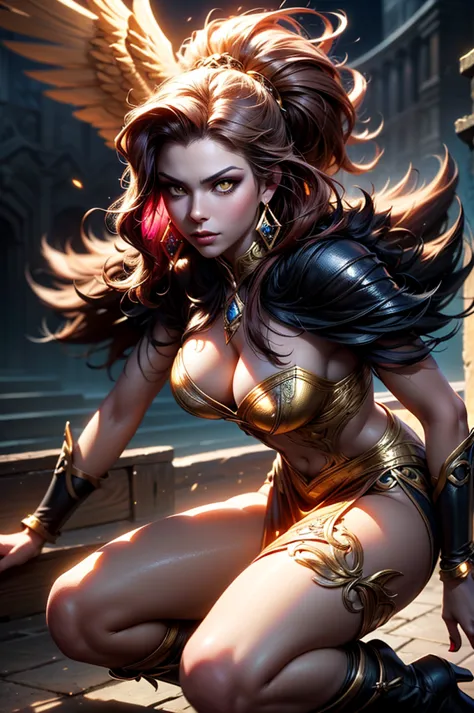 There is lost coliseum there in battle stance stand female lioness , she have ebony colour skin beautiful yellow eyes dark gold ...