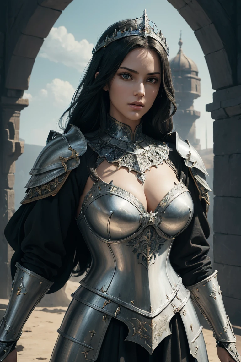 (masterpiece, digital art:1.3), Royal Knights，Gorgeous heavy armor wraps the whole body，Point the Knight's Sword to the sky，sportrait，closeup cleavage，Solemn，flatchest，modest，humble，Cinematic, hdr, primitive, Intricate, High quality, Gorgeous shades, Intricate details, super-fine，oc rendered