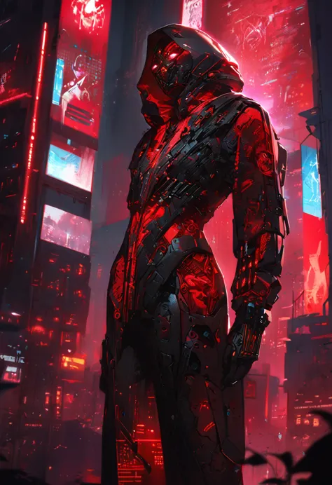 in the dimly lit cyberpunk cityscape (red color), a brooding figure stands silhouetted against neon lights, a digital nomad infu...