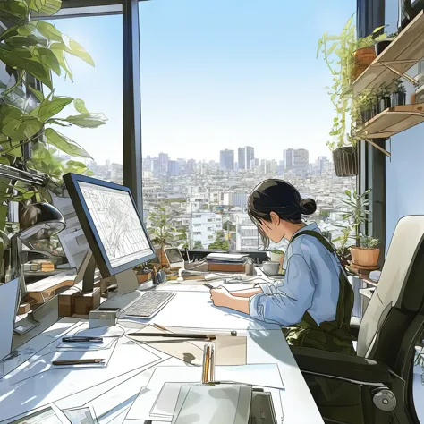 there is a woman sitting at a desk with a laptop and a monitor, japanese illustrator, detailed 2d illustration, makoto shinkai. ...