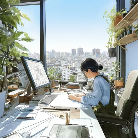 there is a woman sitting at a desk with a laptop and a monitor, japanese illustrator, detailed 2d illustration, makoto shinkai. ...