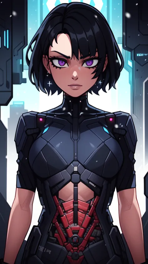 Snow White, solo, 1girl, black hair, extradimensional suit, upper body, science fiction, cyberpunk, Perfect Anatomy, Looking at ...