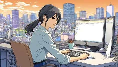 there is a woman sitting at a desk with a laptop and a monitor, japanese illustrator, detailed 2d illustration, makoto shinkai. ...