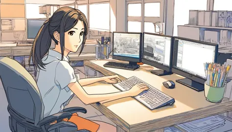 there is a woman sitting at a desk with a laptop and a monitor, japanese illustrator, detailed 2d illustration, makoto shinkai. ...