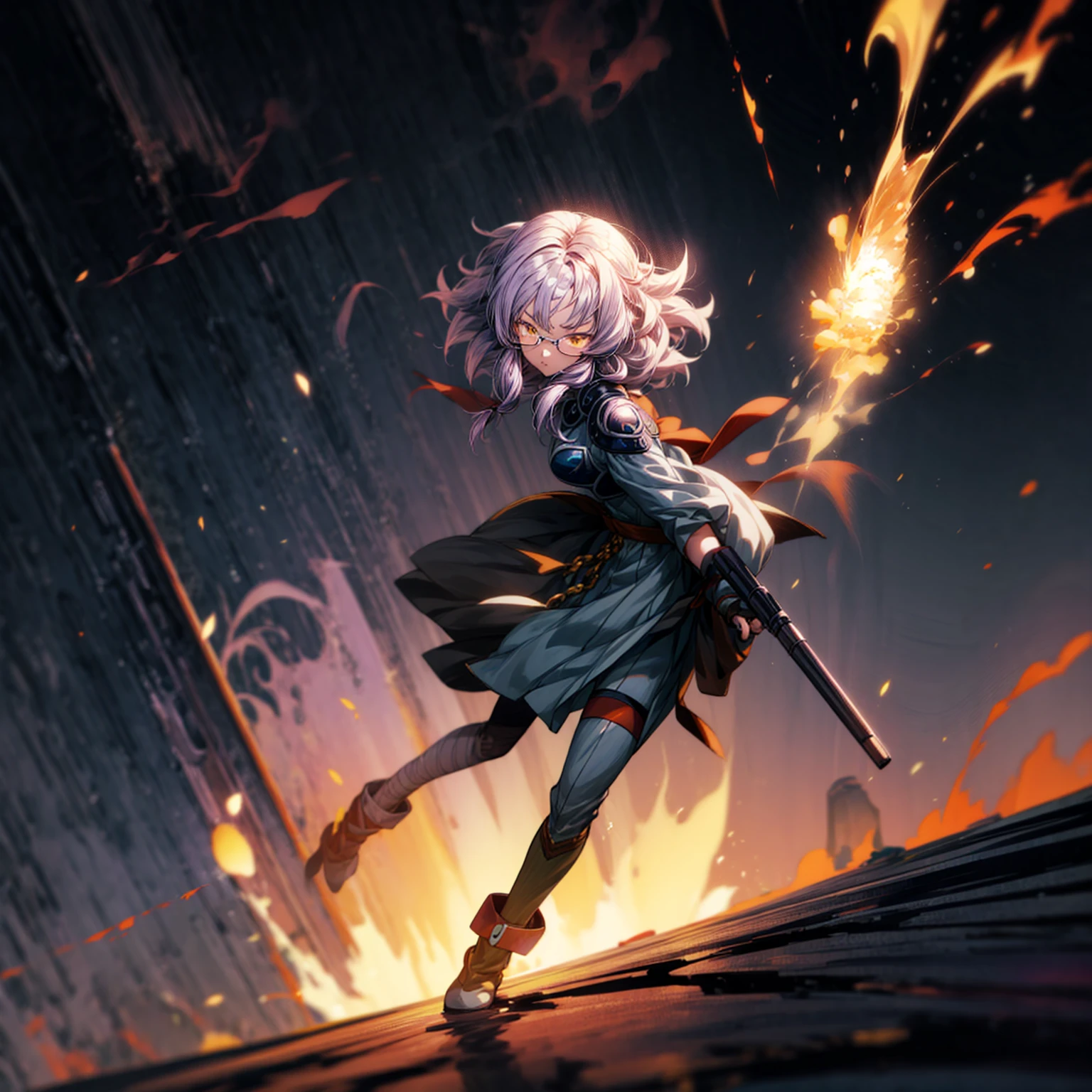 1girl, 1character, gold eyes, long Curly haircut, lavender color hair, army style clothing, white glasses, Long socks, boots army,  full iron armor, bandage on hand, Grassroots, background in fire city street, motion blur, (dragon ball style art), Big robot gun in hand, smoke effect, aura effect, Fire, lighting fire, plasma effect, fire city, (high angle view, full body view version, angry eyes)