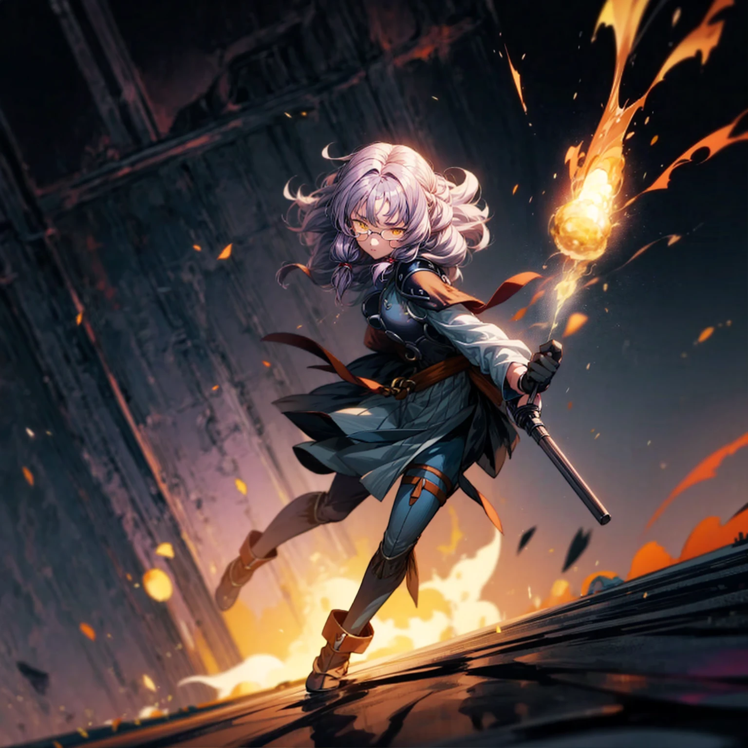 1girl, 1character, gold eyes, long Curly haircut, lavender color hair, army style clothing, white glasses, Long socks, boots army,  full iron armor, bandage on hand, Grassroots, background in fire city street, motion blur, (dragon ball style art), Big robot gun in hand, smoke effect, aura effect, Fire, lighting fire, plasma effect, fire city, (high angle view, full body view version, angry eyes)