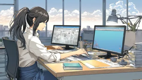 there is a woman sitting at a desk with a laptop and a monitor, japanese illustrator, detailed 2d illustration, makoto shinkai. ...