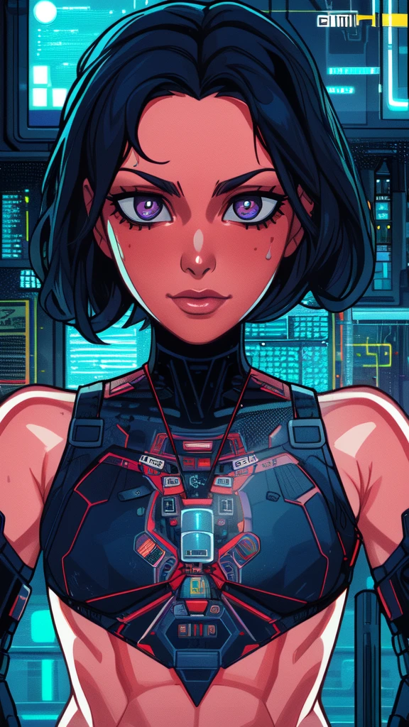 Snow White, solo, 1girl, black hair, extradimensional suit, upper body, science fiction, cyberpunk, Perfect Anatomy, Looking at Viewer, 4k textures, epic artistic, sharp focus, even lighting, insane details, intricate details, hyperdetailed, rich colors,style of Dan Mumford
