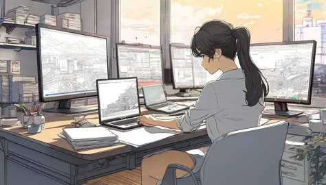 there is a woman sitting at a desk with a laptop and a monitor, japanese illustrator, detailed 2d illustration, makoto shinkai. ...