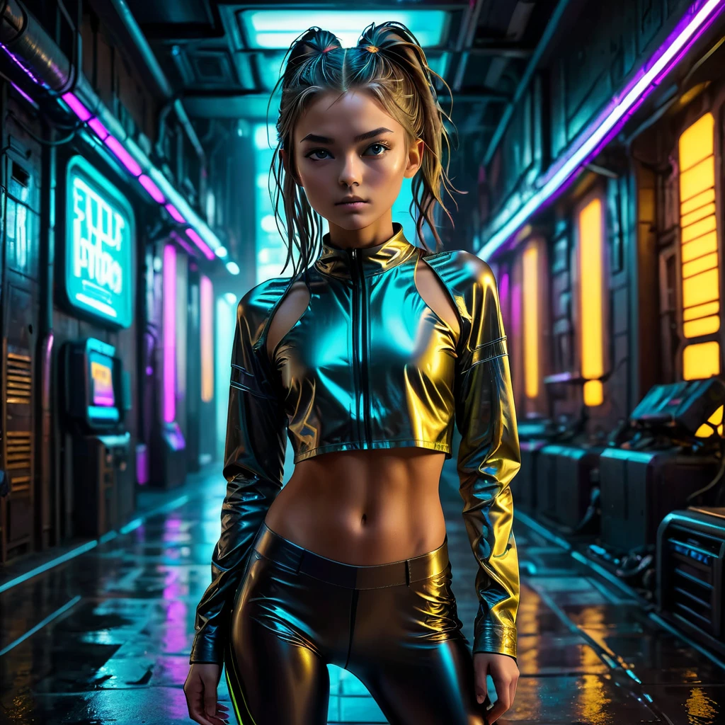 Top Quality, Masterpiece, High Resolution, 8k, (((cute skinny barely legal girl in oversized crinkle top and wetlook leggings, bare belly, wide neckline, deep neckline, small perky breasts, beautiful detailed eyes, beautiful detailed lips, small closed mouth, extremely detailed face, long ponytail hair, small hips))), cyberpunk apartment, moody atmosphere, dramatic and random neon colors, futuristic setting, intricate details, at night, backlit, full body shot, closeup shot