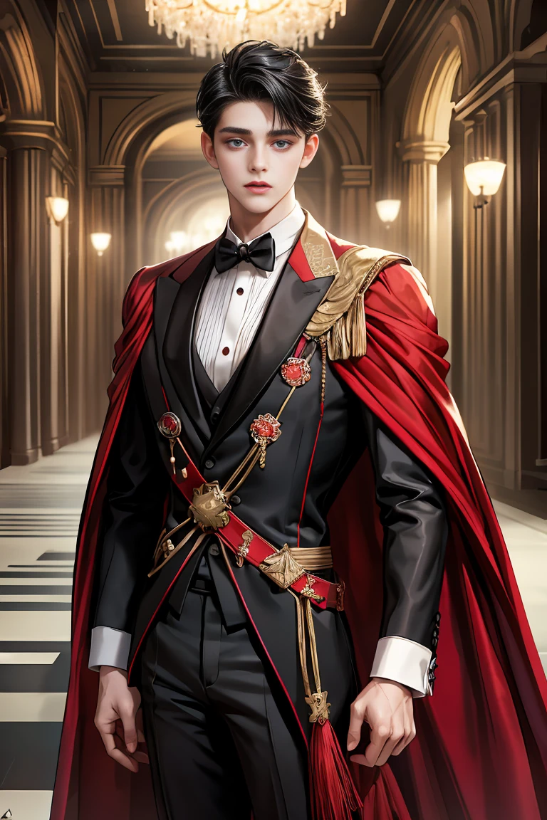 
masterpiece, 最high quality, high quality, 1 boy, alone, Male focus, Watching the audience,  Messy black hair, Adorable big blue eyes, White people, Noble, Noble,Sexy voluminous black and red cape、Tuxedo、A very voluminous, large, very large, very large, long, long red and black cape with a high stand-up collar, reaching down to the floor, made of a lot of fabric., 17 years old,Cute beautiful boys,Cute, cute, kind, handsome guy