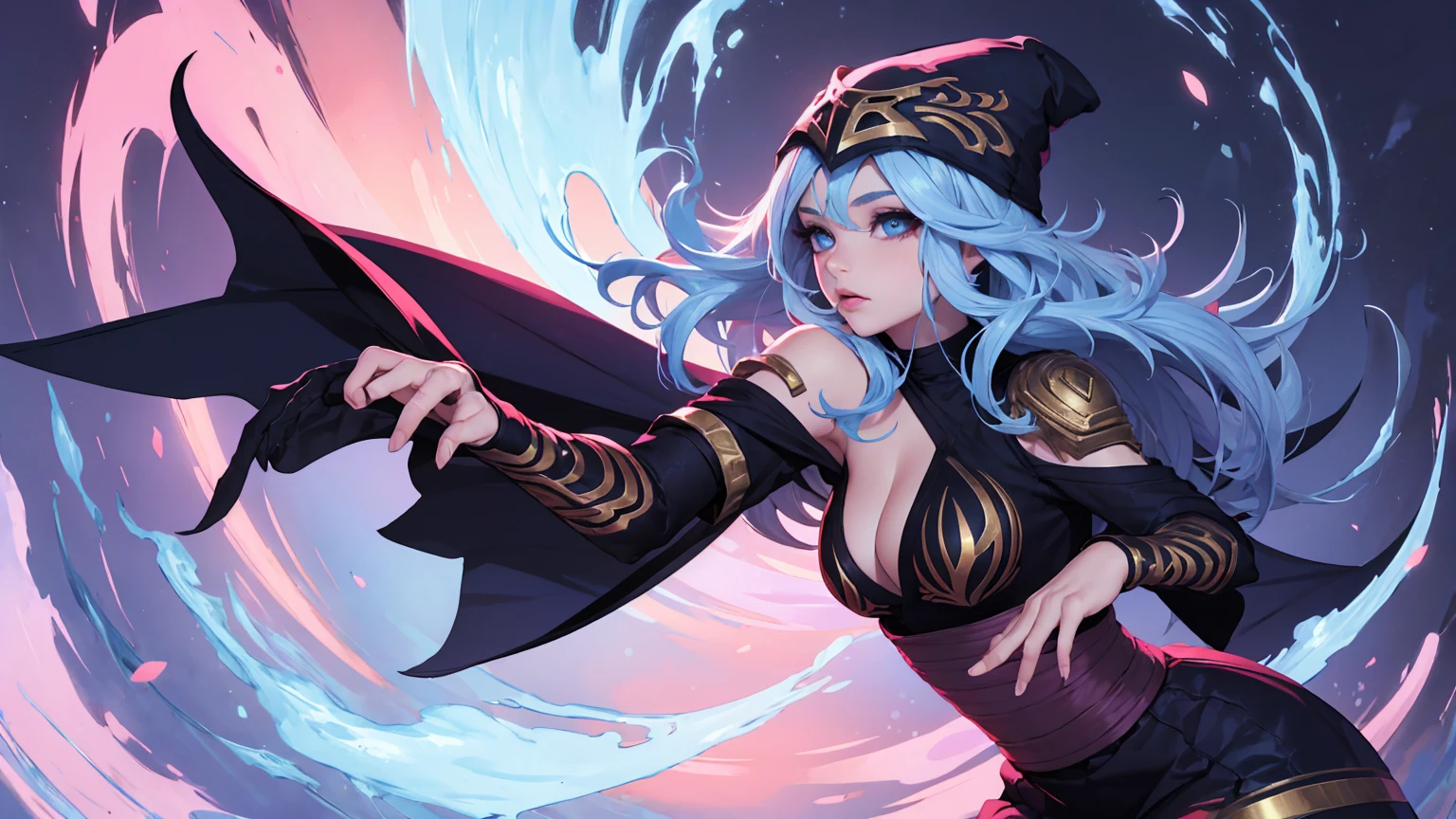 league of legends Ashe, warrior, (masterpiece, best quality), beautiful woman, soft light, hakama, short skirt, (cleveage), (off-the-shoulder clothes),wavy hair, asymmetrical bangs, perfect face, beautiful face, alluring, big gorgeous eyes, soft smile, perfect slim fit body, (standing), abstract background, bright colors, (risograph), medium breasts, (solo), sexy