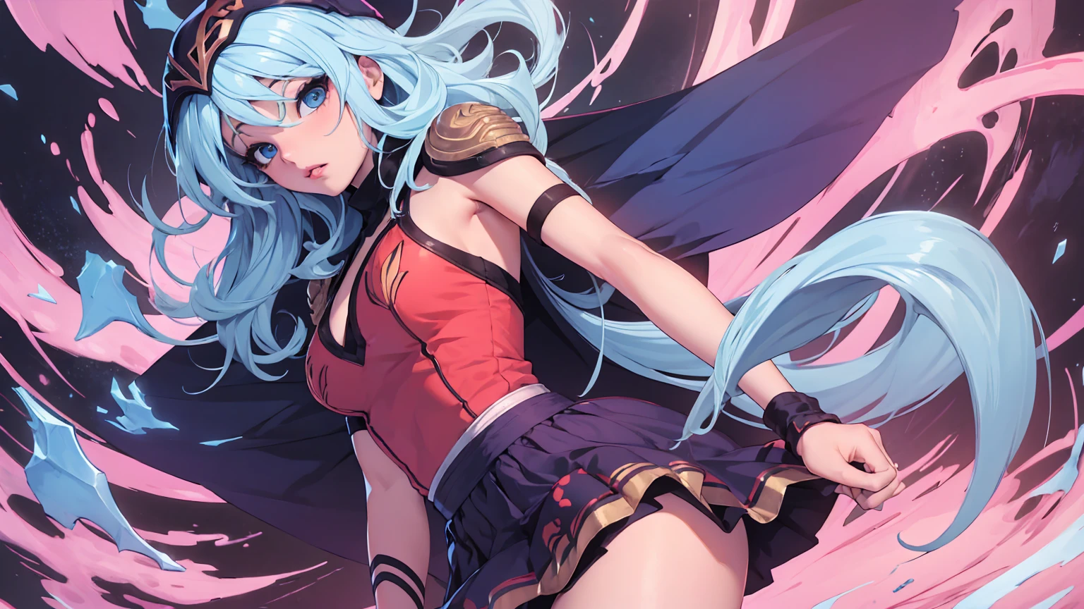 league of legends Ashe, warrior, (masterpiece, best quality), beautiful woman, soft light, hakama, short skirt, (cleveage), (off-the-shoulder clothes),wavy hair, asymmetrical bangs, perfect face, beautiful face, alluring, big gorgeous eyes, soft smile, perfect slim fit body, (standing), abstract background, bright colors, (risograph), medium breasts, (solo), sexy