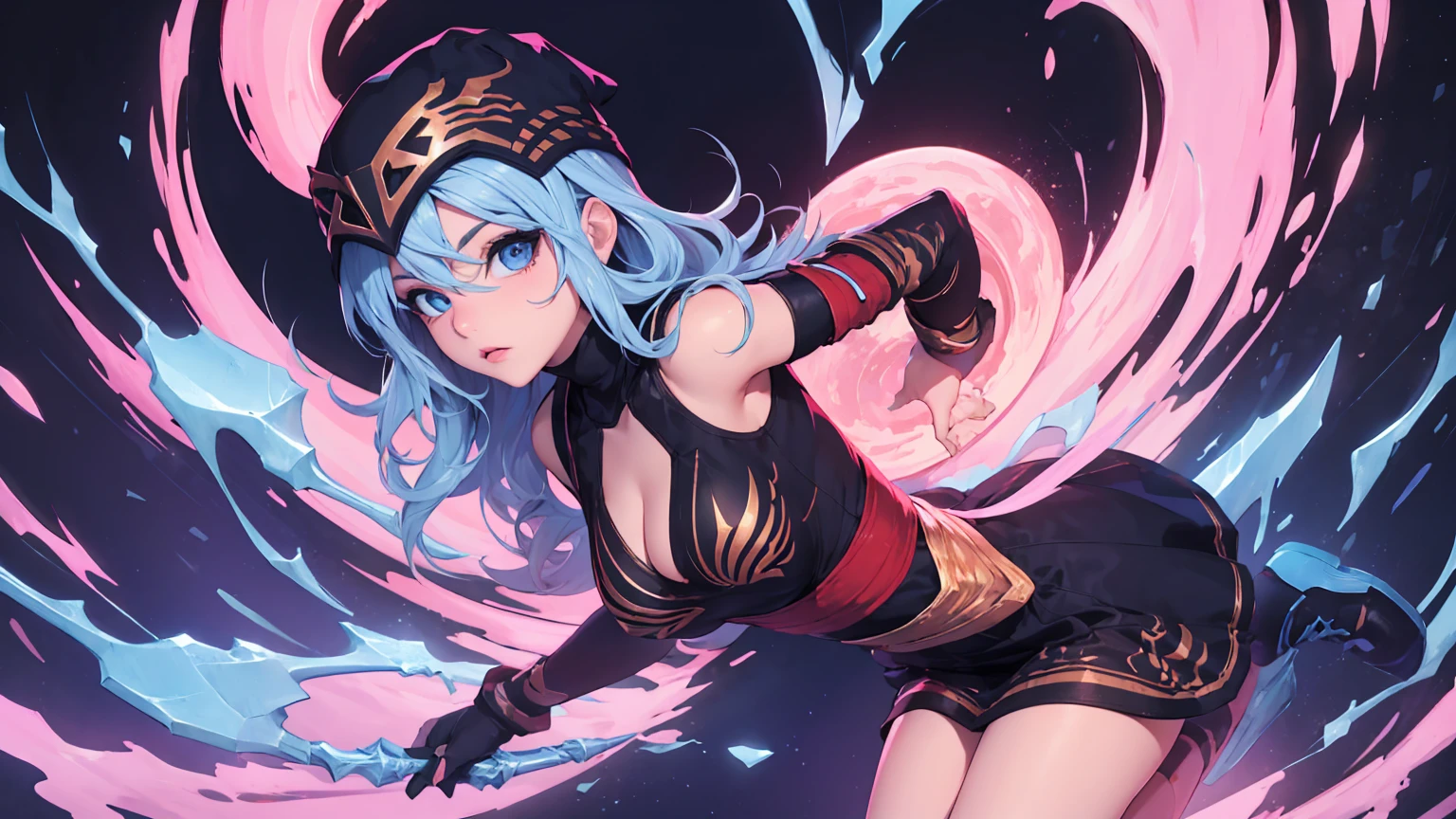 league of legends Ashe, warrior, (masterpiece, best quality), beautiful woman, soft light, hakama, short skirt, (cleveage), (off-the-shoulder clothes),wavy hair, asymmetrical bangs, perfect face, beautiful face, alluring, big gorgeous eyes, soft smile, perfect slim fit body, (standing), abstract background, bright colors, (risograph), medium breasts, (solo), sexy