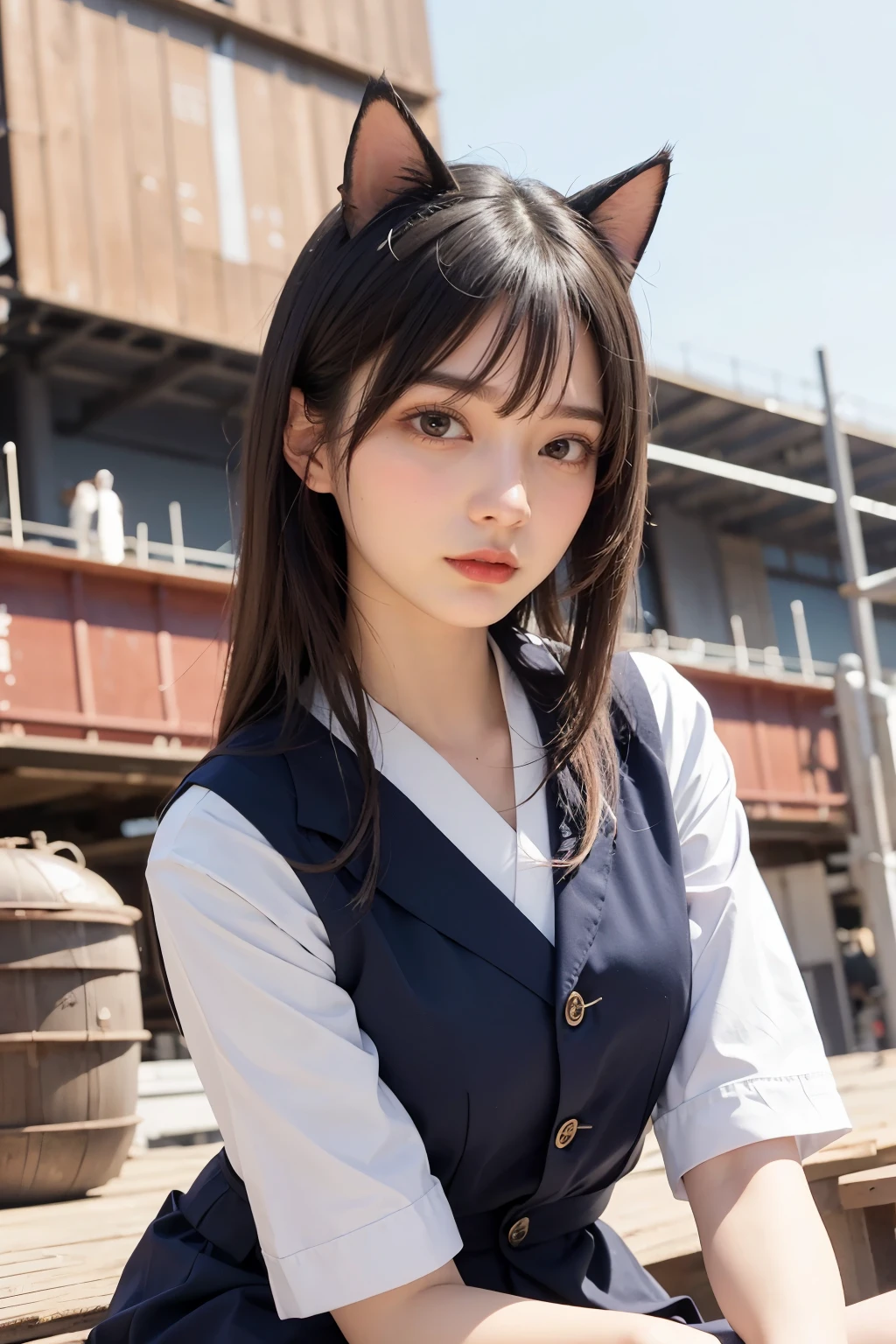 Masterpiece, bokeh, Beautiful face, (Japanese idle:1.6), (summer school uniform:1.3), (sitting in  Ship construction site:1.3), (Cat ears:1.3), (From below:1.3), 