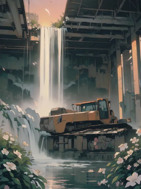 (((masterpiece, highest quality)))、(((32k wallpaper)))、Detailed Machinery、Abandoned Factory、Atrium、(((White Flower Field)))、(((R...