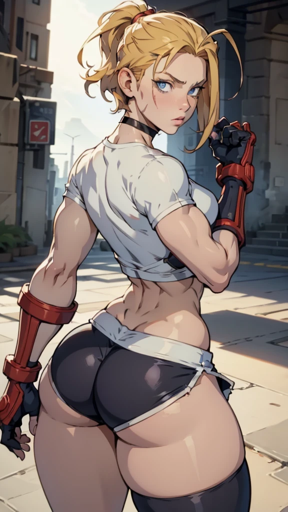 cammy sf6, choker, 1 girl, standing alone, looking ahead at viewer, blue colored eyes, scar on the face, red gloves, scar on cheek, muscular, antenna hair, hand on hip, black choker, thick-thighs, hair blonde, gloves fingerless, shorth hair, thick-thighs,  muscular female, tummy, wearing micro shorts and a white top, standing backwards, focus on the ass