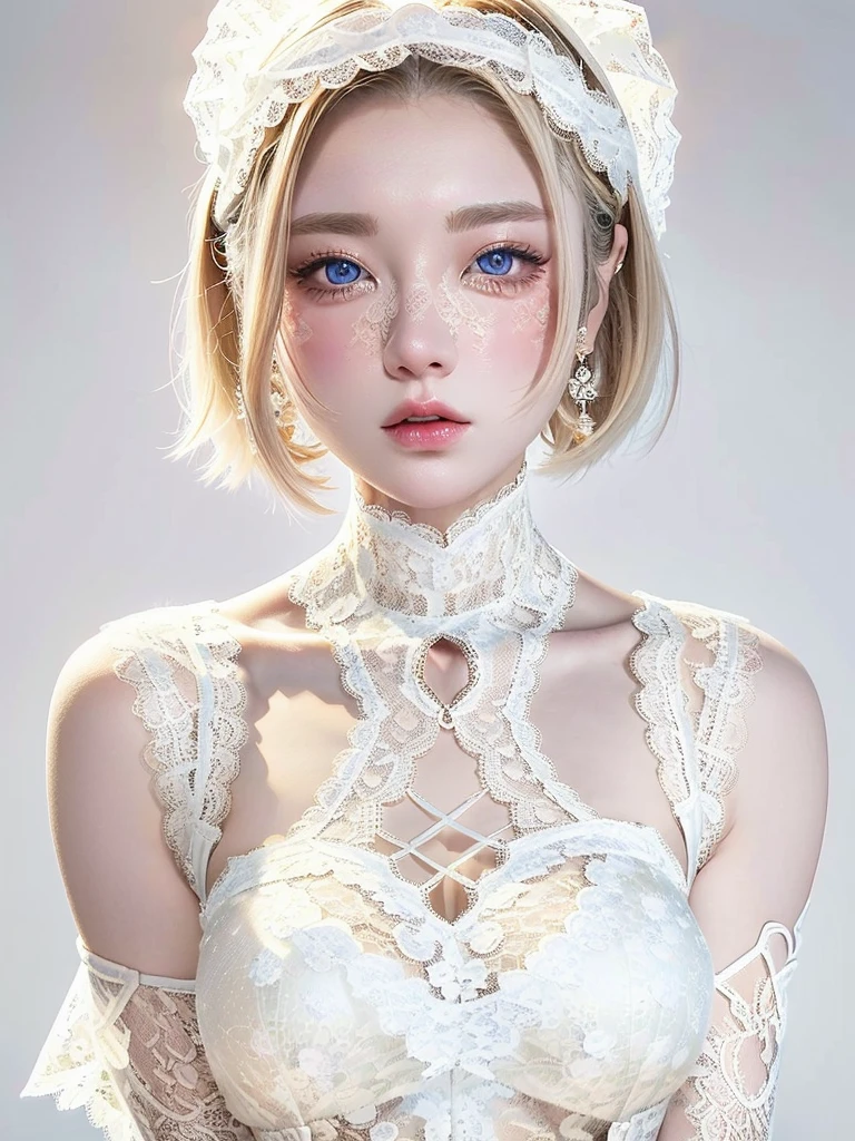 8k,Confused, High resolution, Very detailed, 1 girl, alone, Very beautiful eyes, Ultra-precise depiction, artistic、Very detailed depiction, (Tangled:1.2), , (White high key background:1.5), (((Lace dress:1.5))), See through、Off the shoulder、、 short hair、Platinum Blonde Hair, (Glowing Skin), Many colors, , (Shooting from the air:1.2),、Flat Body、slim、cute、、Round face、Cast a Shadow、See through、