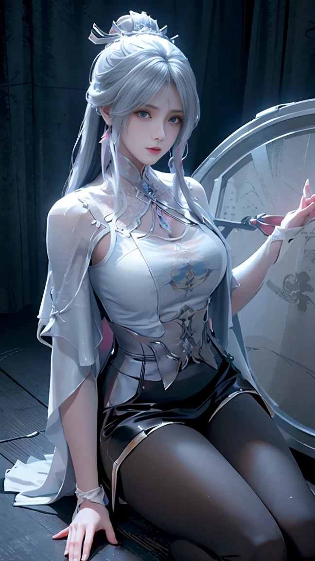 a white hair、Close-up of miss wearing white mask, Beautiful character painting, Gu Weiss, Gurwitz-style artwork, White-haired god, author：Yang Jie, Epic and beautiful character art, Stunning character art, author：Fan Qi, by Wuzhun Shifan, pixiv Art Street Guviz, Single ponytail, insult, High Ponytail, Tall and big, Long legs, (Sleeveless lace shirt), (shorts), (Striped )), ((Striped )), Walk, elegant, dignified, miss, Beautiful curves, sweet smile, Strong sense of detail and layering, color丰富绚丽, Has a unique texture, rich and colorful, color, vivid, Design Art, 16K, Very detailed, {{illustration}}, {Extremely refined}, {Exquisite surface treatment}, Very detailed, Delicate and shining eyes, {{Light}}, 极致Light效果, Model: realism, CFG size: 12, Laura: Bright texture (1.35), high quality, masterpiece, Exquisite facial features, Delicate hair depiction, Detailed depiction of the eyes, masterpiece, best quality, Light線追蹤, Extremely detailed CG unified 8k wallpaper, masterpiece, best quality, (1 girl), 完美miss身材, (((Skinny white T-shirt))), beautiful eyes, (Delicate face), Black short hair, Tie your hair up, Light blue hairpin, Black Silk Frame Glasses, in class, (White skin), (Optimal Lighting), (Super intricate details), 4K Unified, (Very detailed CG), Showing off her white legs, , Hot Pants, shorts,性感Long legs, Thin waist, Sweat is running down my waist, Showing belly, Extremely detailed depiction, Pink Hair, Asymmetrical bangs, Transparent clothes, Hands on thighs, 把目Light移開, 8K resolution, Raise an eyebrow, Shiny hair, Flower head, Wristband, bandage，Leather sexy pose, simple grey background, Crawl to the audience, Kitten pose, Get on all fours,