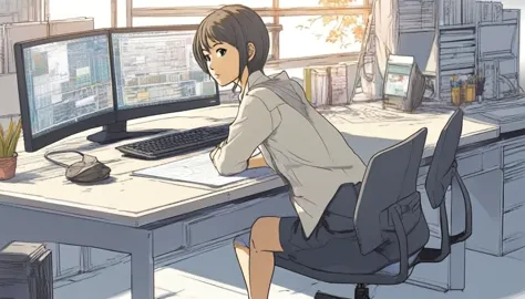 there is a woman sitting at a desk with a laptop and a monitor, japanese illustrator, detailed 2d illustration, makoto shinkai. ...