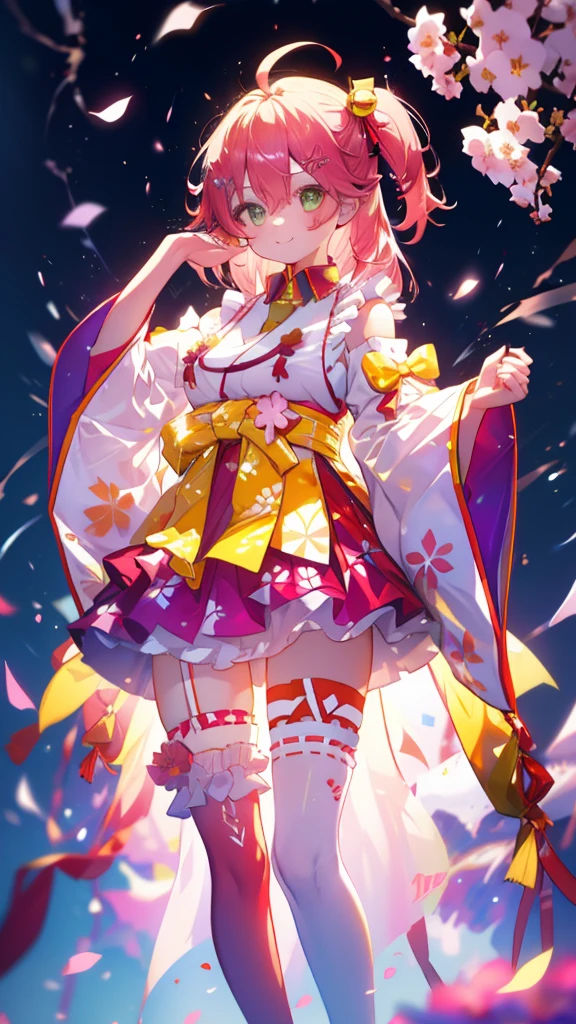 (Ultra-high resolution,masterpiece, Attention to detail, Highest quality), 8k,("MikoBase, long hair, ahoge, one side up, hair bell, cherry blossom print, nontraditional miko, frills, single thighhigh, bridal garter"),(Blessed,Captivating body、Ultra-detailed skin、Super beautiful eyes、Detailed Background),One girl、 (cheerful ,enjoy :1.5),